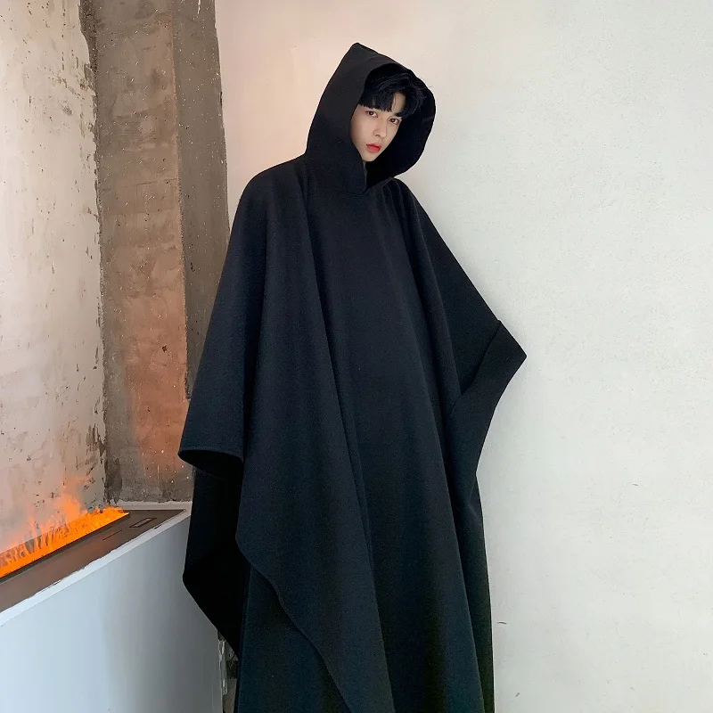 Men Japan Street Style Hooded Robe Cloak Trench Coat Outerwear Male Gothic Punk Fashion Show Pullover Long Jacket Overcoat