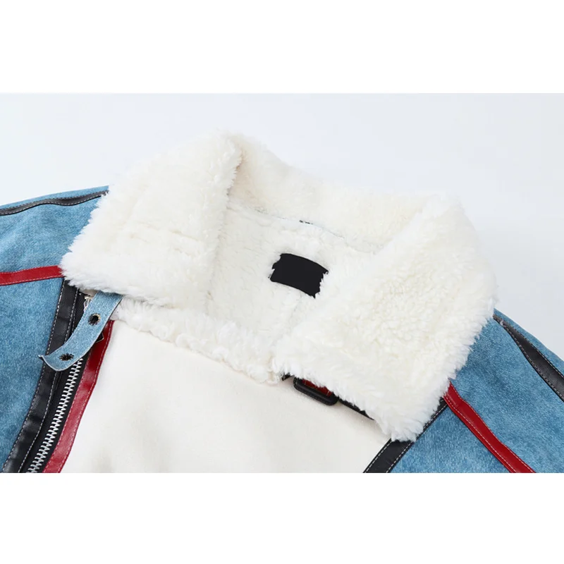 Motorcycle Coat Women Stand Collar Bandage Side Zipped Pocket Blue Vintage Thicken Jacket Outwear Sheepskin Lambswool Teddy Coat