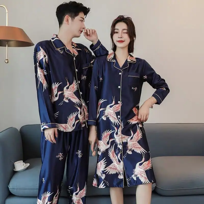 New Luxury Mr Mrs Pajamas Men Birds Pattern Sleepwear Silk Long-sleeved Satin Male Winter Men Lounge Pajamas Set Plus Size 4XL