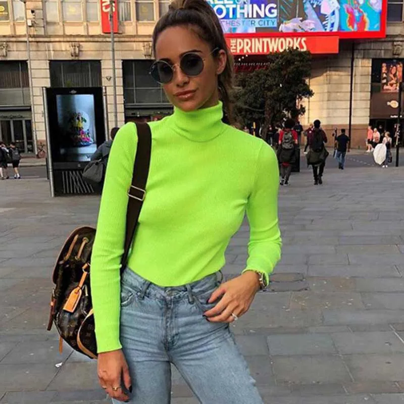 2021 Autumn Winter Neon Color Ribbed T Shirt Women Long Sleeve Turtleneck Tshirt Fashion Slim Pure Color Knitted Tops Tee