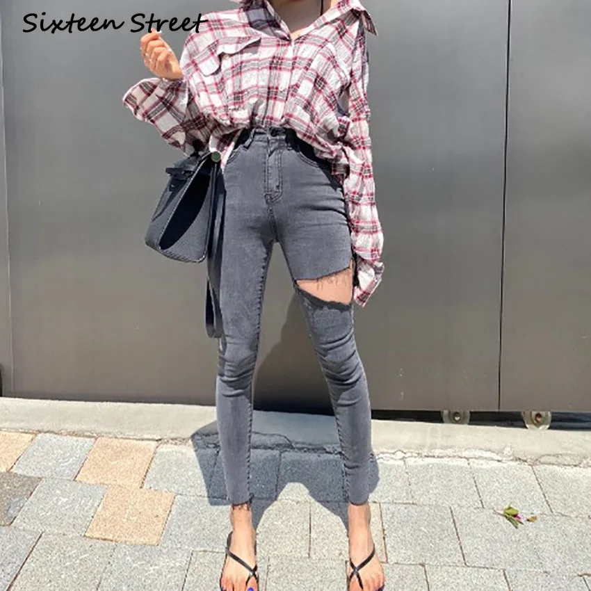 New High Waisted Denim Female Washed Asymmetrical Ripped Jeans for Women Skinny Jean Slim Femme Y2K Pants Aesthetic Vintage 2020