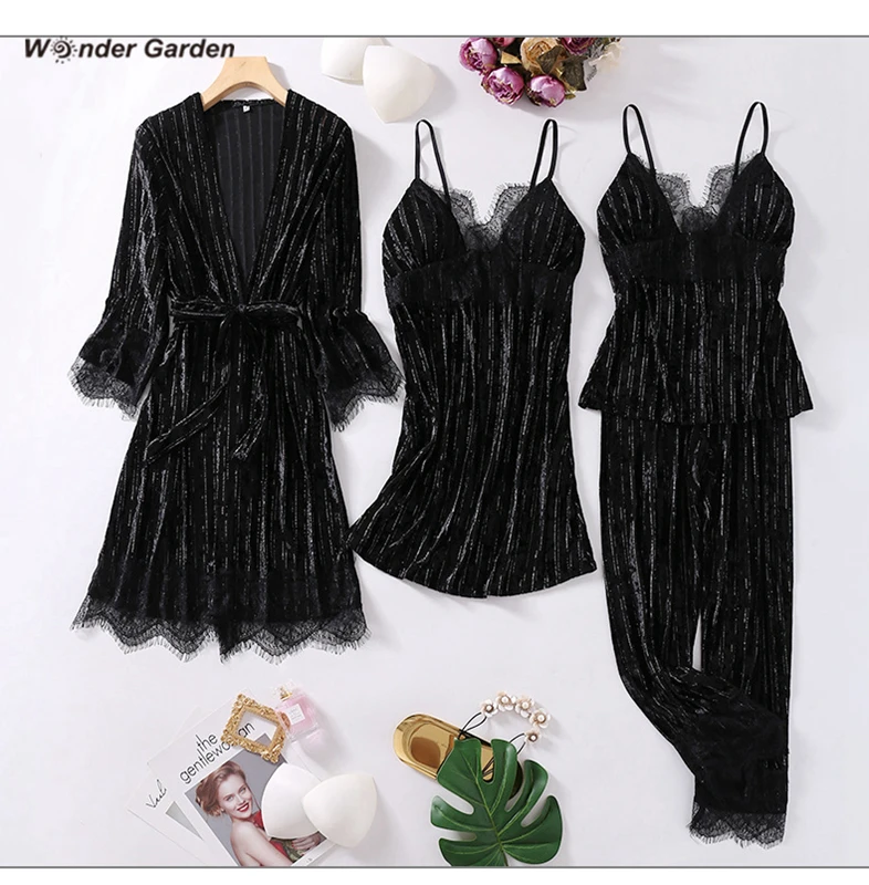 Wonder Garden Fshion Velvet Pajamas Set Woman Warm Sleepwear Letter Printing Casual Three-piece Suit Fall Winter Belt Nightwear