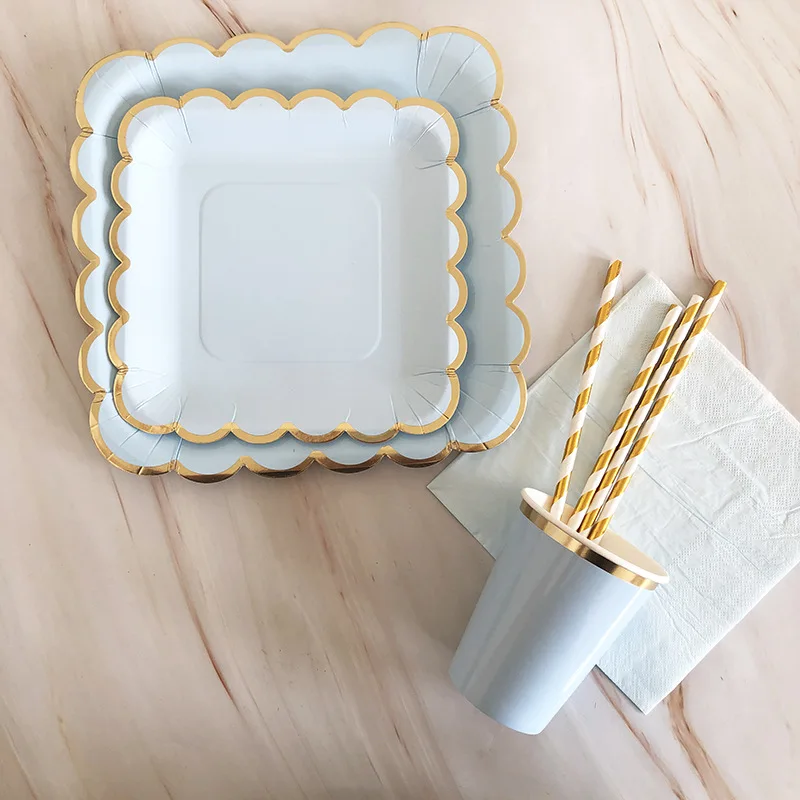 Gold Blue Party Disposable Tableware Paper Straw Cups Plates Napkins Baby Shower Favors Birthday Wedding Decor Party Supplies