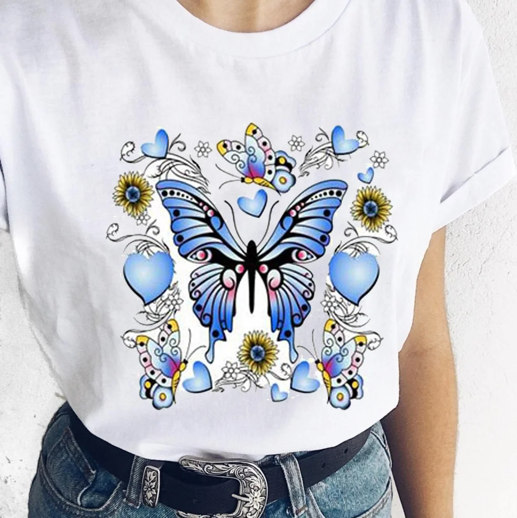 Blue Butterfly Pattern T-Shirts Women's Crewneck Hip Hop Tops Couple Tee Tops New Creativity Loose Pink T Shirts Womens