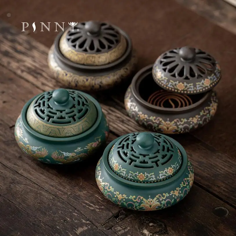 

PINNY Large Enamel Antique Incense Burner Cloisonne Coil Incense Base Room Decoration Meditation Sandalwood Censer