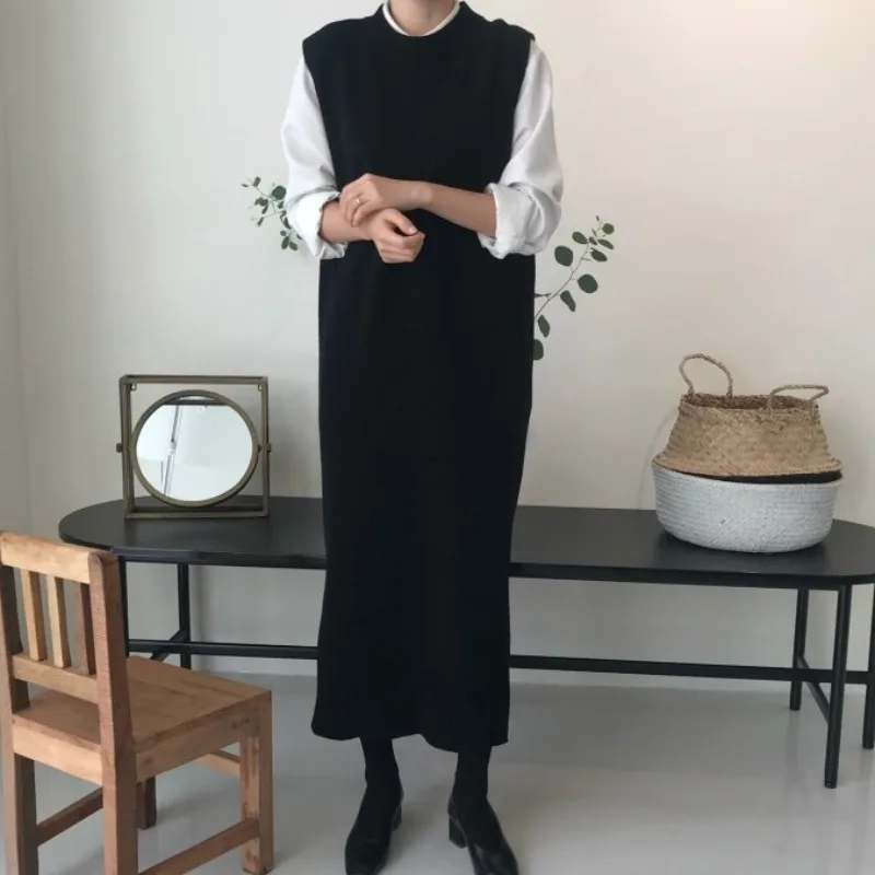 Korean Warm Women Autumn Winter Long Sweater Knitted Loose Sundress O Neck Sleeveless Long Vest Dresses Robe Femme Vestido