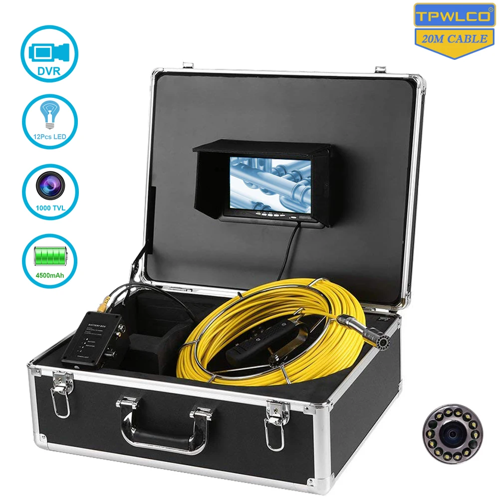 7inch Monitor Waterproof Pipeline Inspection Camera Pipe Video Sewer Drain Endoscope System 23mm 20-50m Cable12V4500mAh Battery