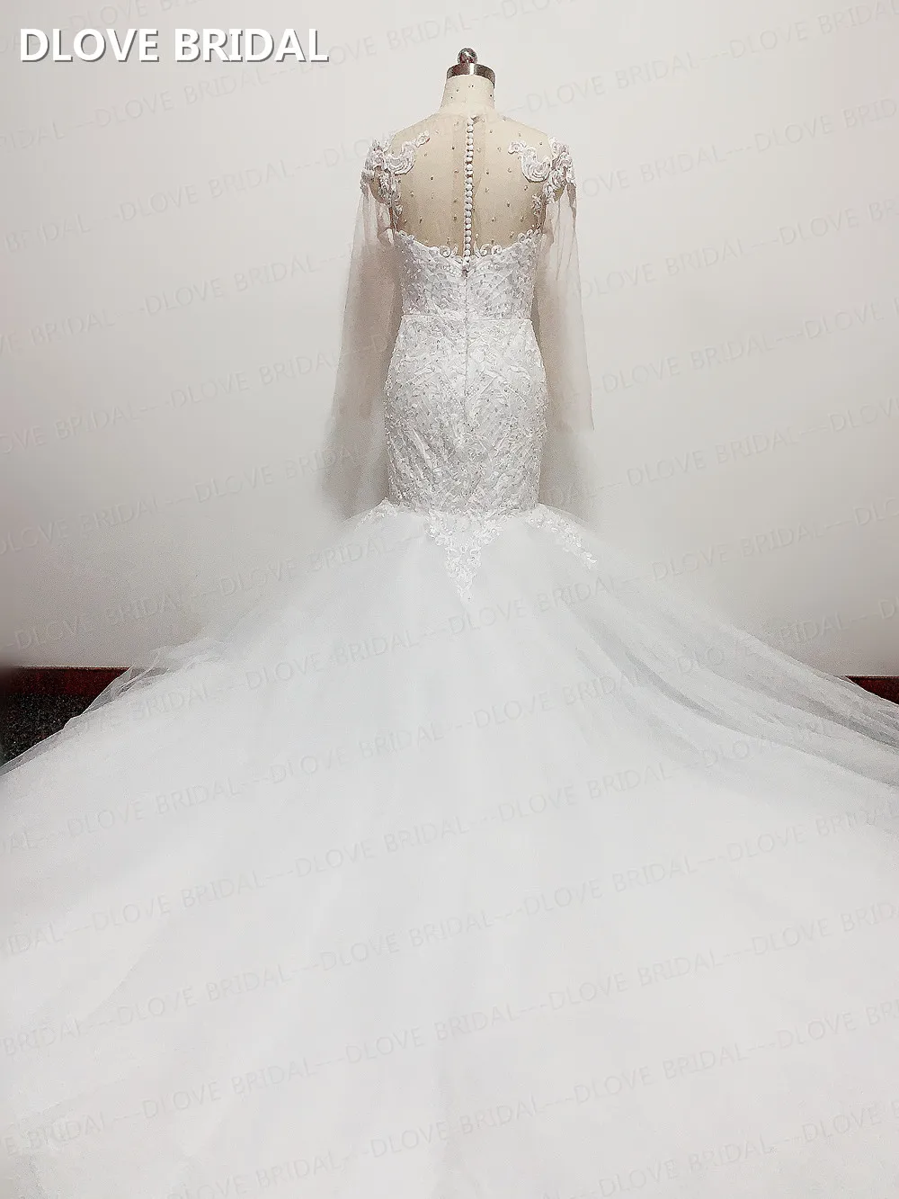 Vestido de novia de sirena de encaje de alta calidad, manga larga de ilusión, con cuentas de perlas, vestidos de novia hechos a medida de fábrica