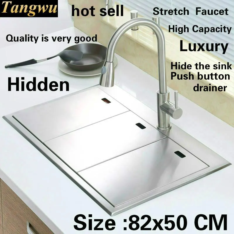 

Free shipping Standard luxurious kitchen manual sink double groove hidden durable food-grade stainless steel hot sell 820x500 MM