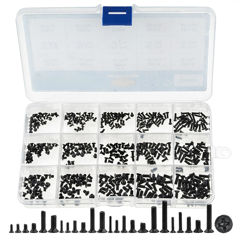 

450PCS/Box M2 M2.5 M3 Black Carbon Steel Cross Phillips Flat Countersunk Head Screw Bolt Computer Notebook Laptop Screws Kit