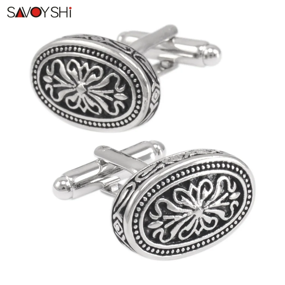 SAVOYSHI Vintage pattern Cufflinks for Mens Shirt Cuff buttons High quality Black Soft Enamel Cuff links Brand Free Carving Name