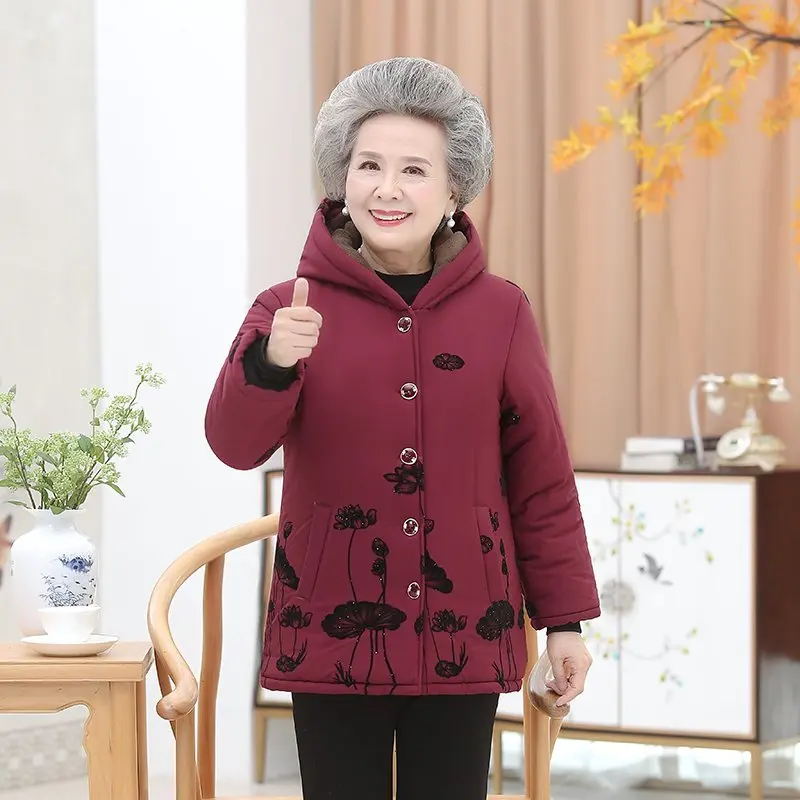 60-70-80 year old Middle-aged and Elderly Women\'s Padded Jacket Plus Size 5XL Winter Jackets Hooded Warm Cotton Overcoat Parkas