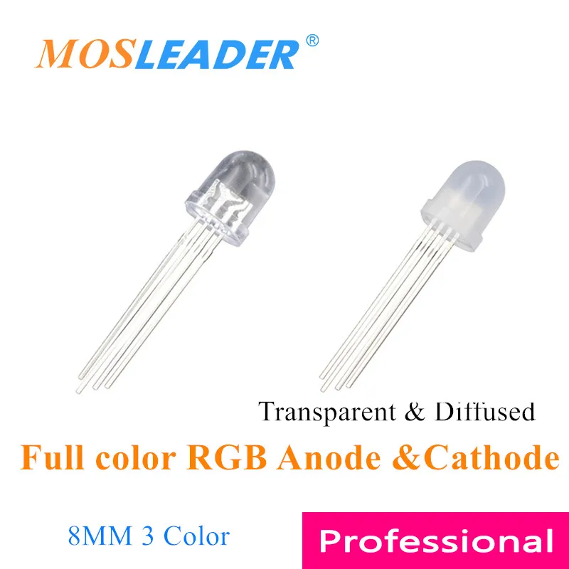 

Mosleader 8MM 500PCS Full color RGB Transparent Diffused Long pins F8 Red Green Blue Leds Common Anode Cathode Tri-color 3 color