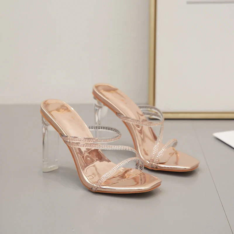 Fashion Silver Transparent PVC Jelly Diamond Crystal Slipper Summer Open Toe Clear Perspex High Heels Sandals Party Shoes