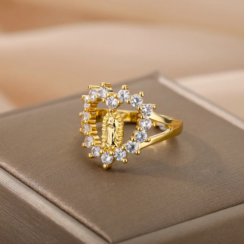 

Zircon Heart Virgin Mary Rings For Women Stainless Steel Virgin Mary Portrait Ring Femme Party Wedding Engagement Jewelry Gift