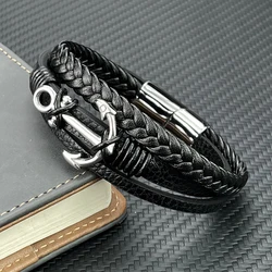 Fashion Charm Cross Men Bracelet Multilayer Leather Bracelet Punk Jewelry Stainless Steel Magnetic Clasp Bangles Boho Bracelet