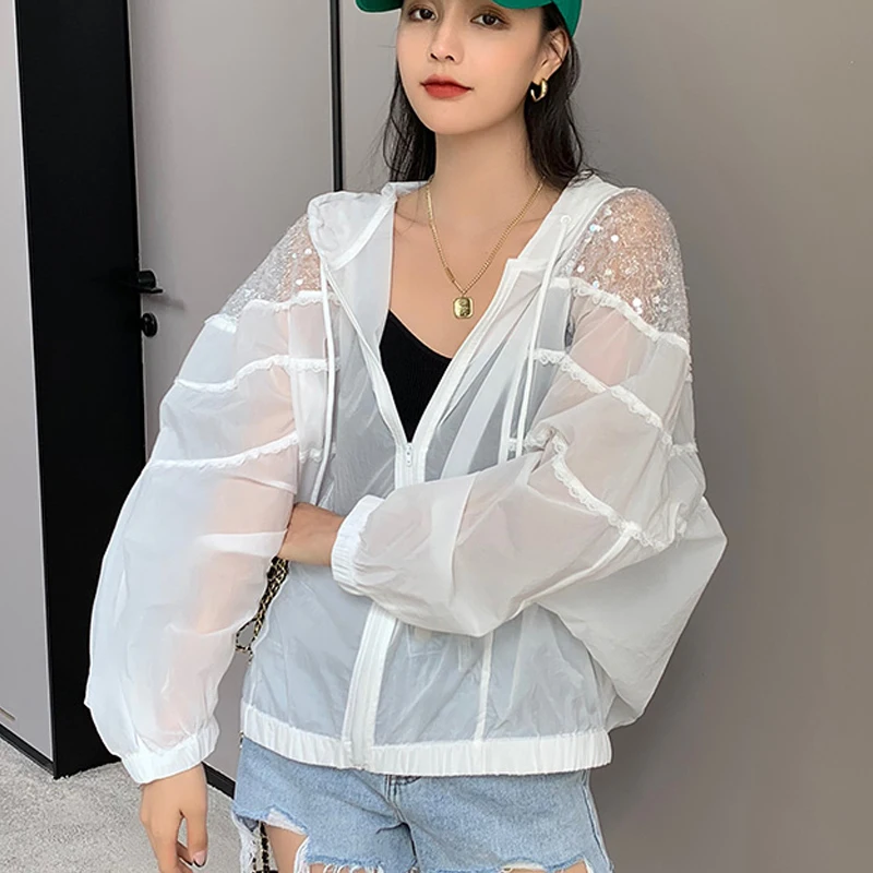 Max LuLu Summer 2021 British Fashion Sun Protective Clothing Ladies Sequins White Jackets Ladies Casual Hooded Oversized Coats