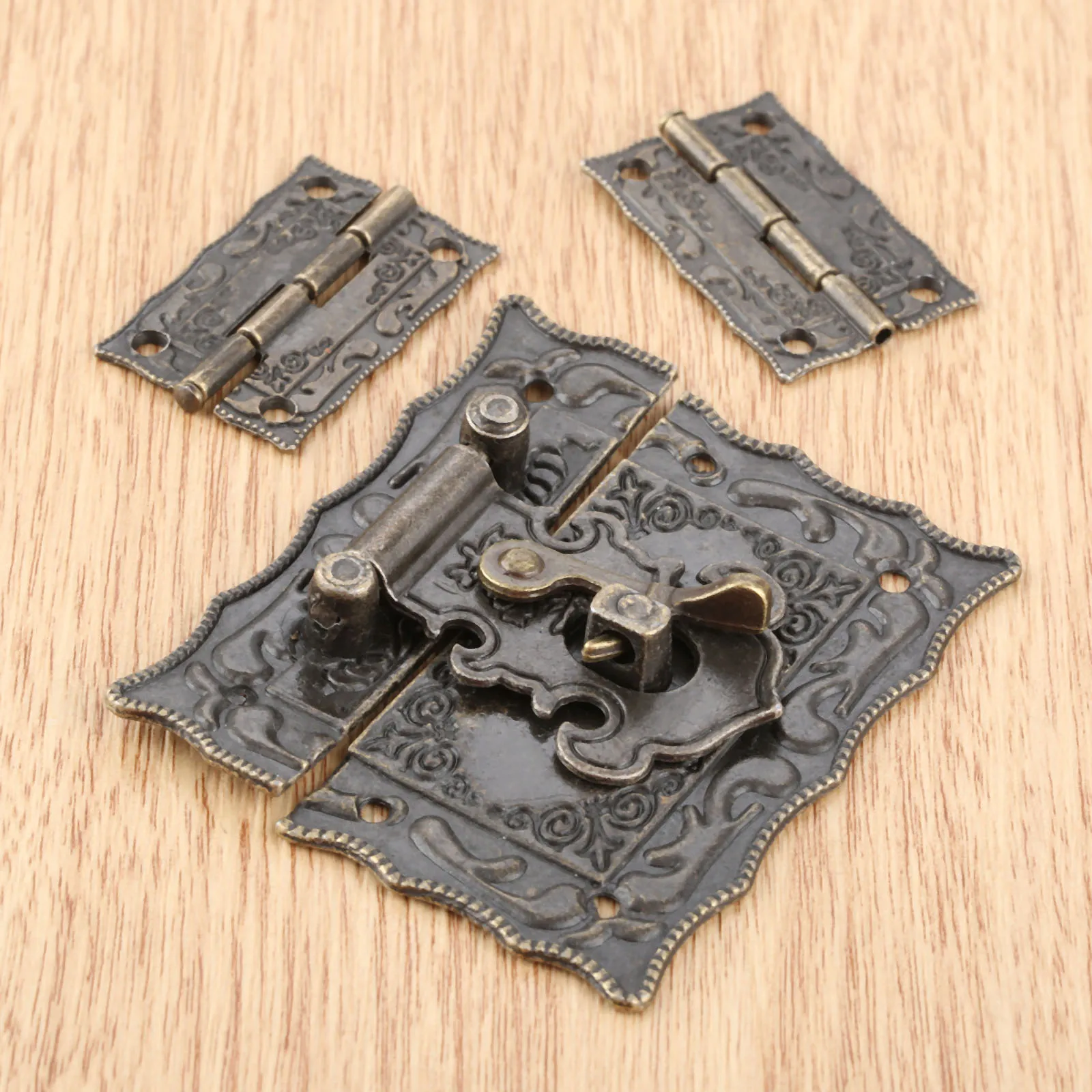 3pcs/set Box Latch Hasp Clasp 67x56mm + Hinges w/screw Antique Bronze Alloy Jewelry Wood Case Cabinet Decor Vintage Old Chinese