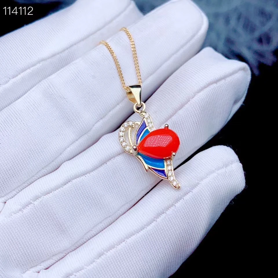 KJJEAXCMY 925 Sterling Silver Natural Red Coral Girl Pendant + Necklace New Bright Water Drop Support Detection Enamel Color