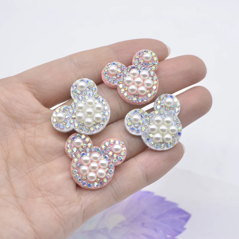 20Pcs/lots Sewing-on Padded Rhinestone & Pearl Mouse Head Applique for DIY Clothing Headwear Hair Clip Home Decor Animal Patches