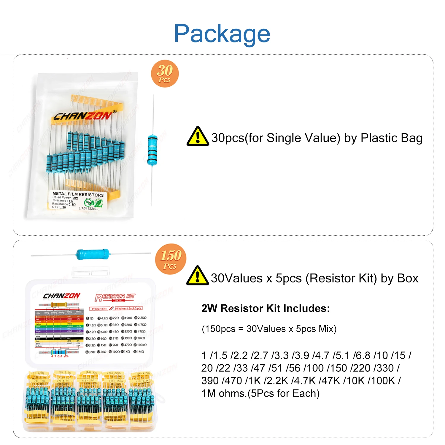 2W 1% High Precision Metal Film Resistor Kit 0.1 3.9 4.7 10 47 100 470 1K 4.7K 47K Ohm 2 W Watt Fixed Resistance Assortment Set