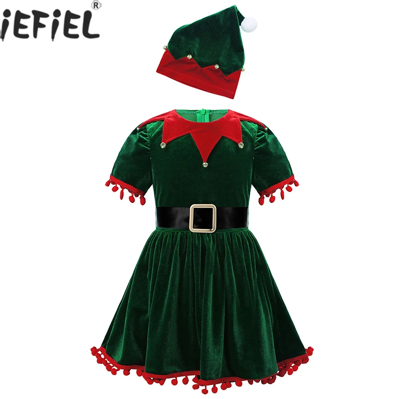 

Kids Girls Christmas Clothes Cosplay Santa Claus Children Costume Halloween Ruffled Sleeves Tassel Tutu Dress with Hat Belt