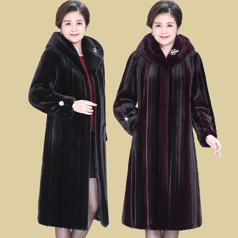 High-end Imitation Mink Velvet Coat Women Winter Warm Long Jacket New Middle Aged Elderly Mother Thick Hooded Fur Coat