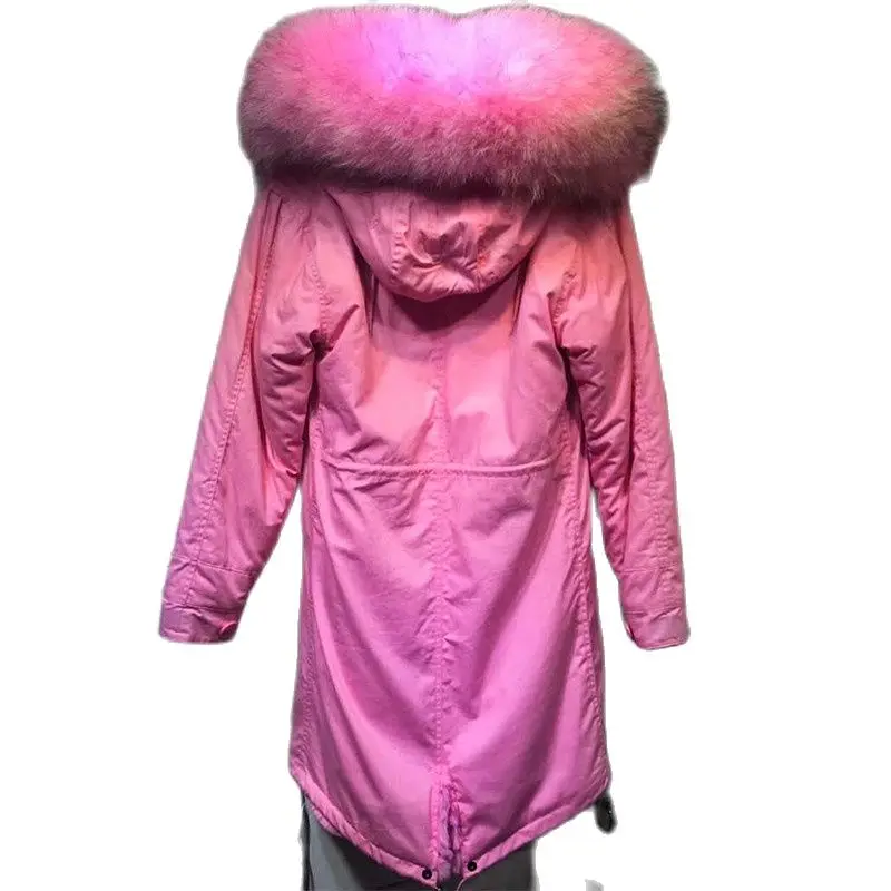 Beautiful Pink Parka For Lady Top Quality Faux Fur Lining Coat Real Raccoon Fur Collar With Hoodies Can Change The Color