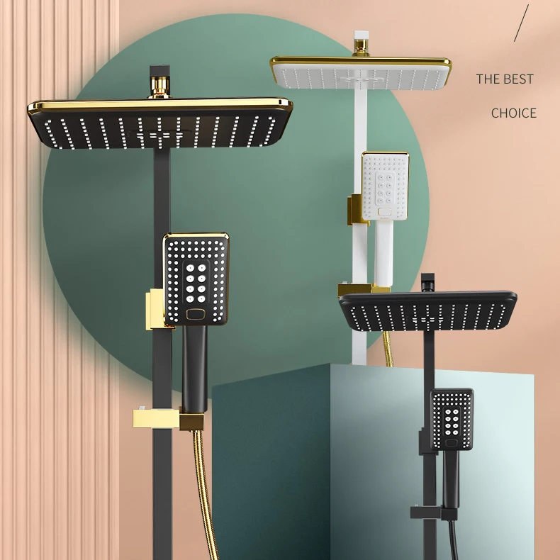 핫 콜드 디지털 샤워 세트, 고품질 황동 온도 조절 욕실 샤워 시스템 수도꼭지, 강우 샤워 헤드, 블랙 골드 샤워 세트