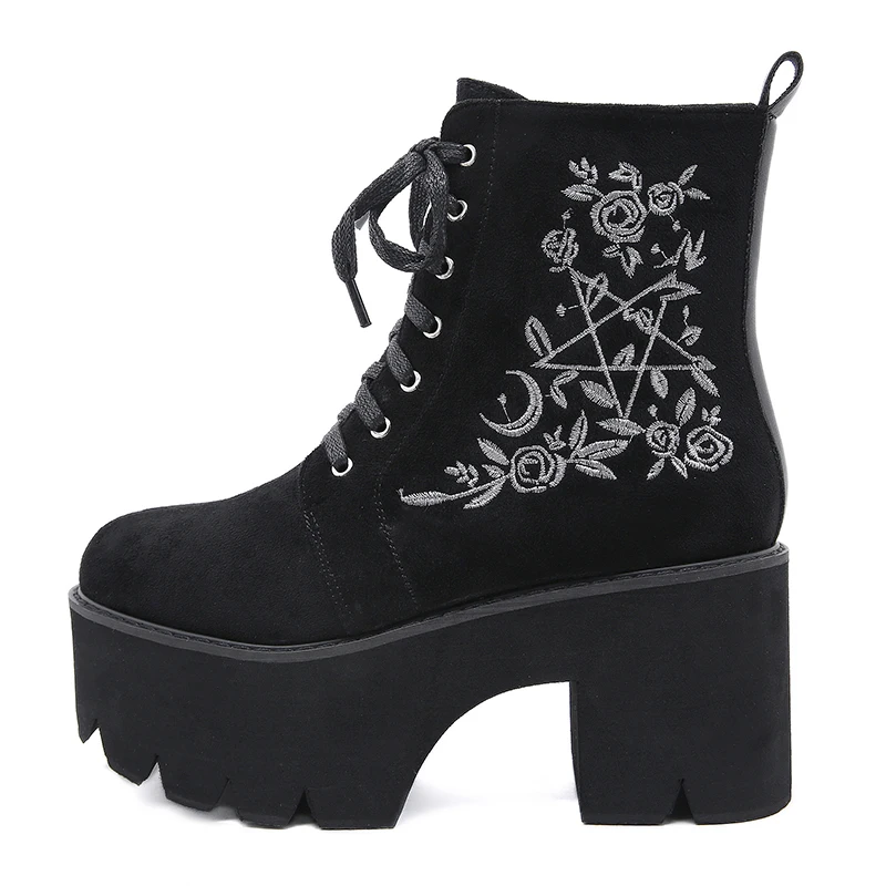 Fashion Flower Platform Boots Chunky Punk Suede Leather Womens Gothic Shoes Lace Up Back Zipper High Quality Black Boots Womens