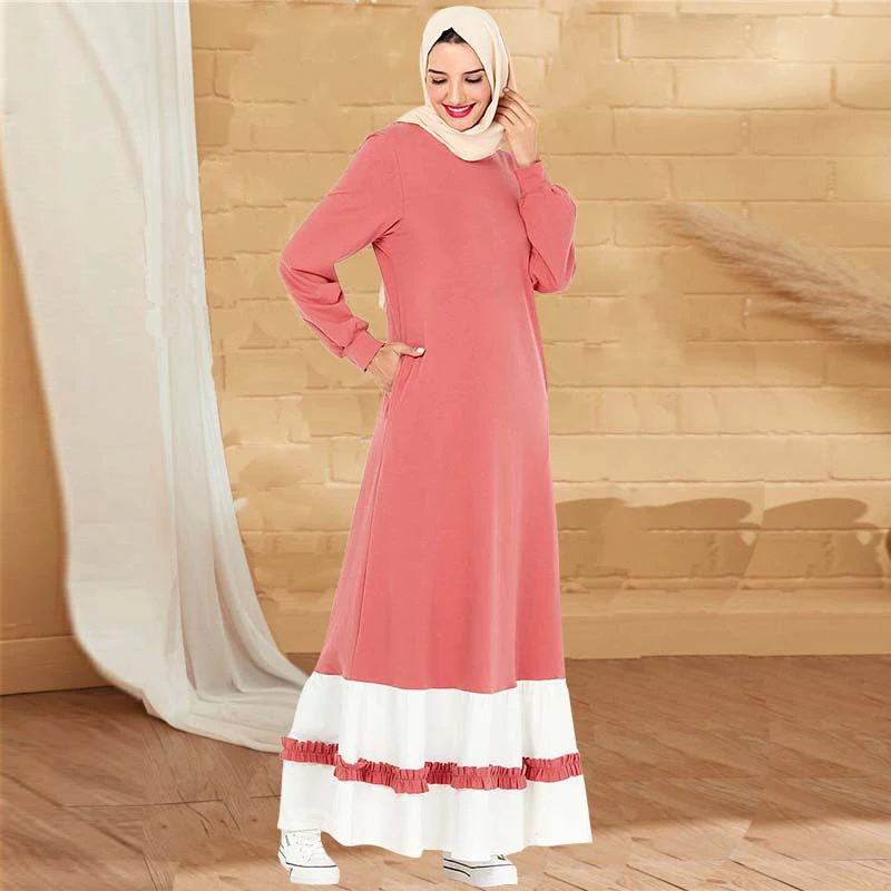 

Muslim Fashion Pullover Dress Spring Autumn New Casual O-Neck Long Sleevs Plus Size Dresses Malaysia Turkey Islam Sports Kaftans