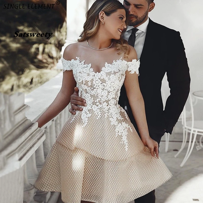 Champagne Short Wedding Dresses Applique Lace Vestidos Noiva Knee Length Off Shoulder Bridal Gowns