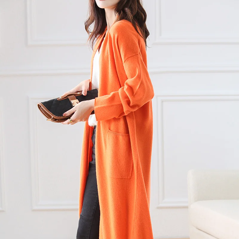 2023 Spring and Autumn Super Long Pure Wool Cardigan Women\'s Loose Large Size Thin Jacket V-neck Long Sleeve Sweater Knitted Top