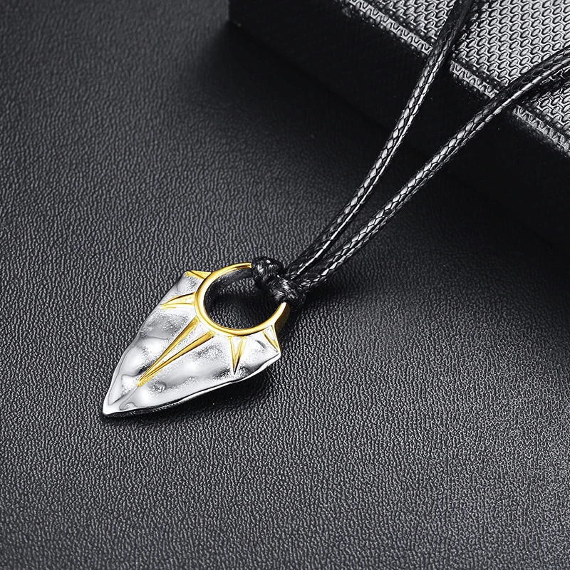 MEN JEWELRY SUN ARROW HEAD PENDANT NECKLACE IN STAINLESS STEEL ARROW HEAD WITH ADJUSTABLE ROPE CHAIN