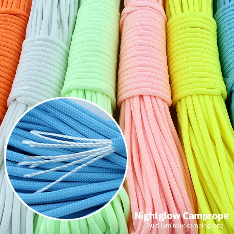 Corda luminosa de paraquedas 550, corda de sobrevivência de paraquedas, cordão de 9 núcleos que brilha no escuro, para área externa, caminhada, reboque de acampamento