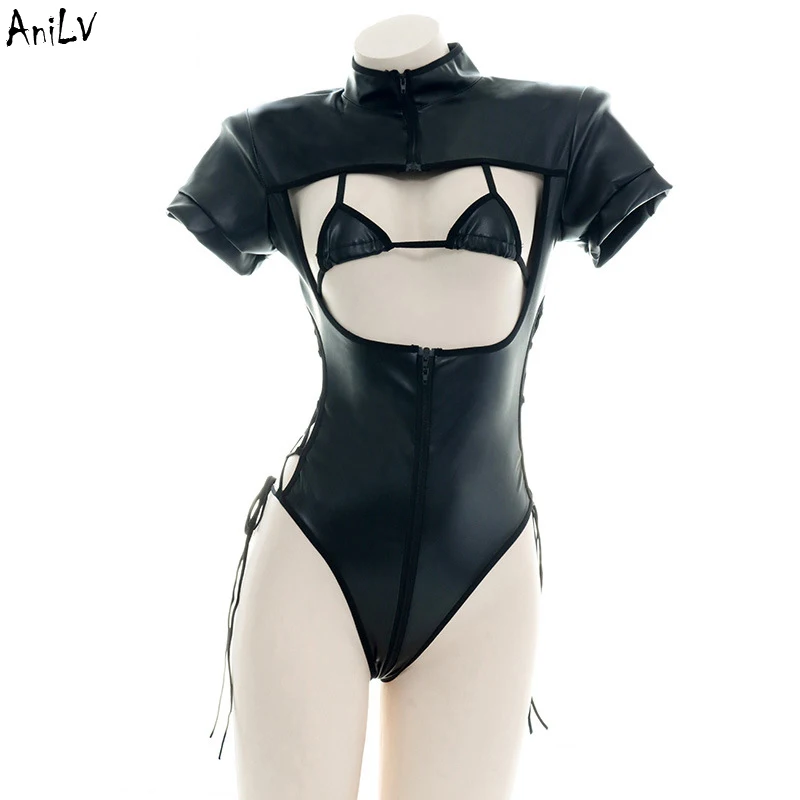 AniLV Black Pu Leather Bodysuit Swimsuit Costume Punk Girl Cross Strap Turtleneck Swimwear Uniform Temptation Lingerie Cosplay