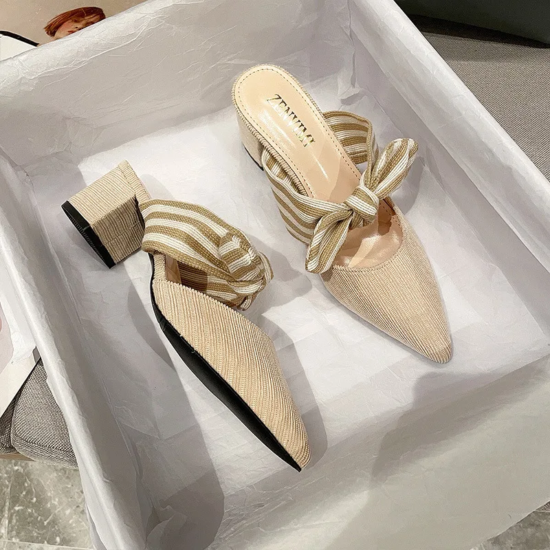 Women Pointed Hollow Striped Bowknot Slippers Summer Ladies Square High Heel Slip On Flip Flop Elegant Female Mule Slides Sandal