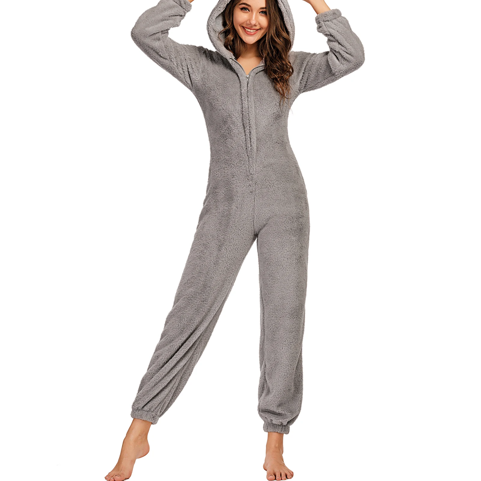 2021 Brand New Women\'s Plush Romper Winter Pajamas Long-Sleeve Zipper High Neck Hat Keep Warm Girl’s Clothes