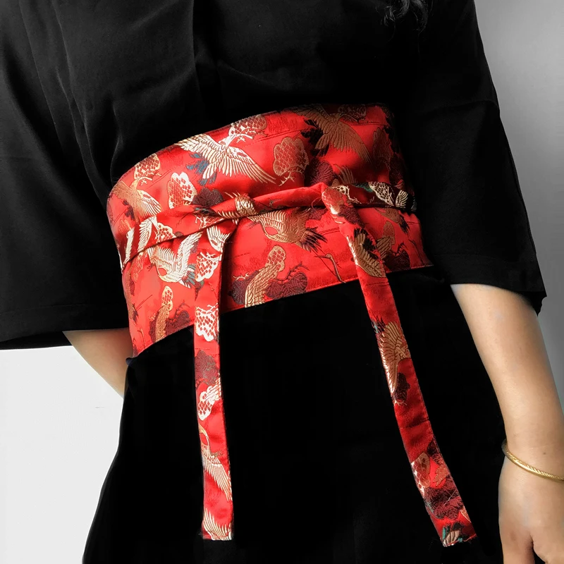 

Asian Japanese Kimono Women Crane Print Waistband Dress Belt Traditional Black Fashion Retro Yukata Bathrobe Girdle Accessories