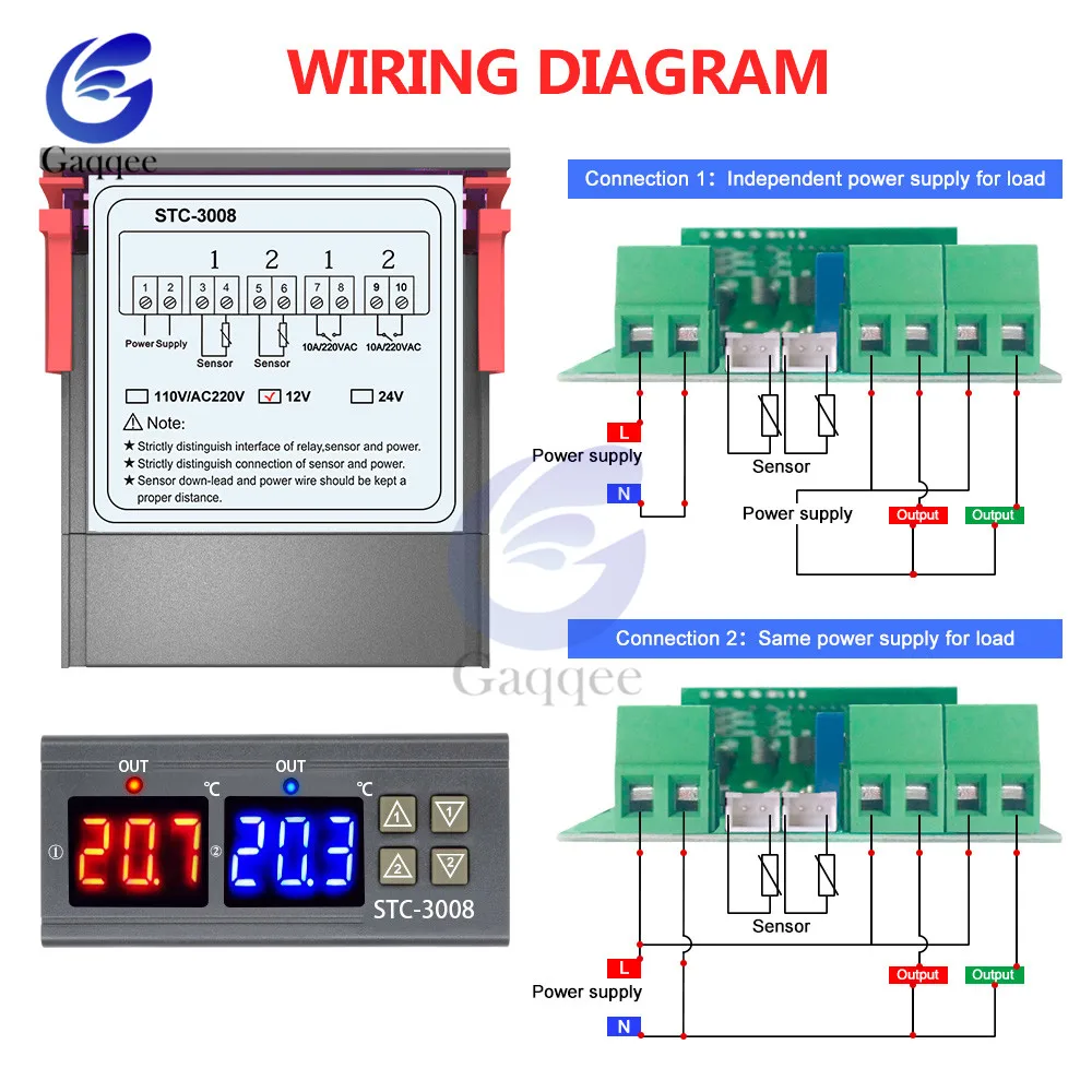 STC-3008 Dual Digital Temperature Controller Two Relay Output Thermostat with Sensor DC12V 24V AC110-220V Home Fridge Cool Heat