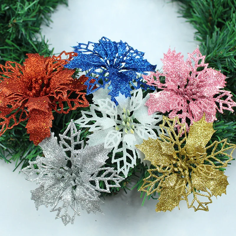 

50pcs 8.5cm Artificial Glitter Hollow Christmas Flower Heads For Xmas Tree Wedding Bridal Bouquet Table Hotal Bar Decoration