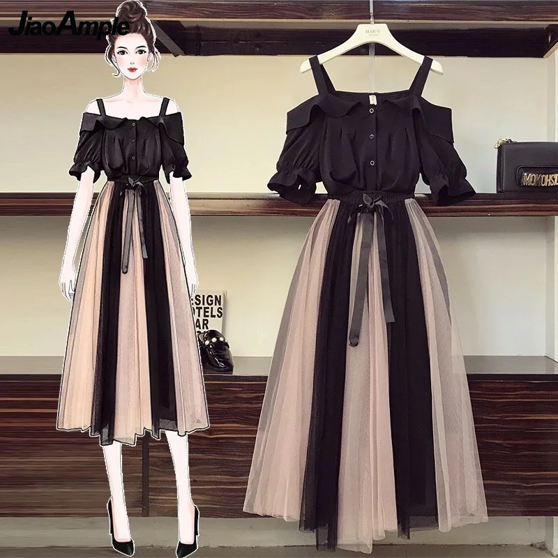 Women Summer Clothing Suit Fashion Slash Neck Black Shirt Skirts Set Korean Sweet Girls Flare Sleeve Layers Mesh Bow-Knot Dress