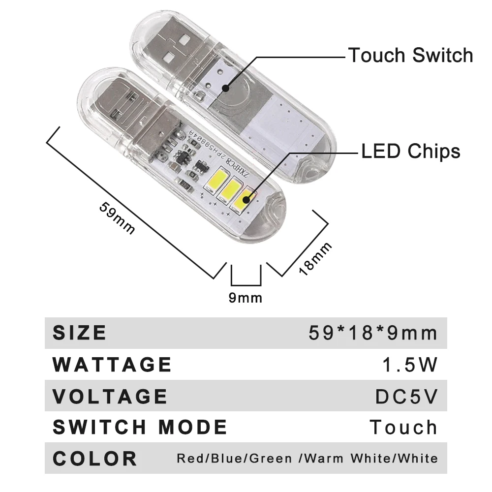 DC5V Touch Switch USB Mini LED Book Lamp 3LEDs 1.5W Portable LED Reading Light USB LED Night Light Camping Bulb For Power Bank