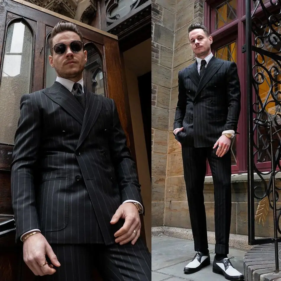 Black Striped Mens Pants Suits Double Breasted Groom Best Man Jacket Business Party Prom Wedding Blazer Tuxedos Custom Two Piece