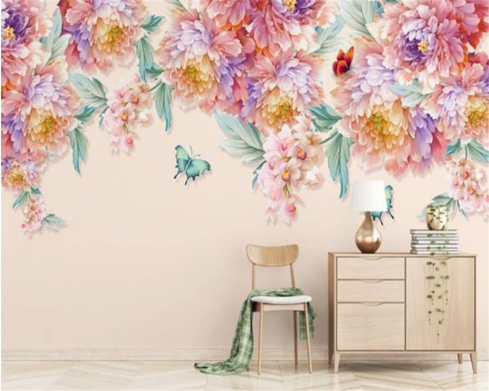 

Custom hand-painted abstract pink flowers butterfly European style living room bedroom wallpaper TV background 3d wallpaper