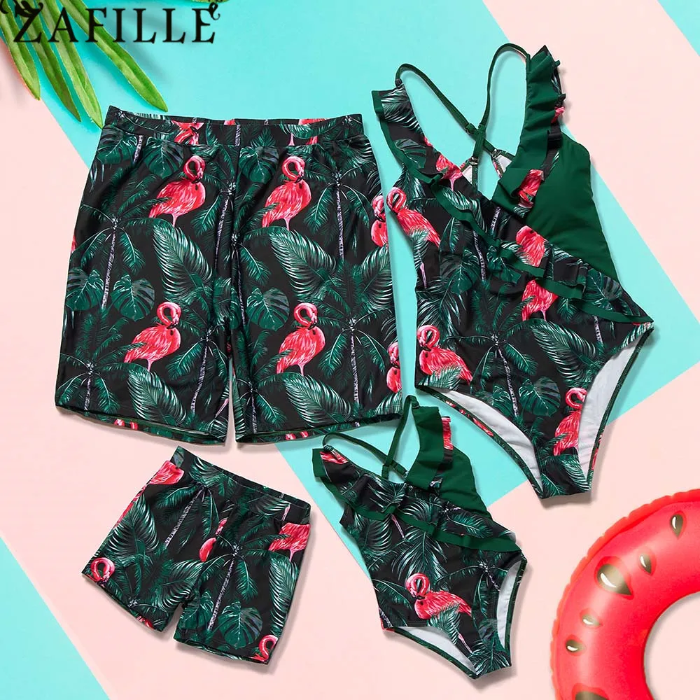 ZAFILLE Women\'s Swimsuit Kid Flamingo Girls\' Swimsuit Green Bathing Suit Family Swimwear Women Ruffles Swimming Suit Boy Shorts