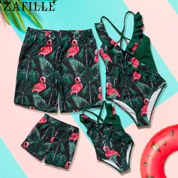 ZAFILLE Women's Swimsuit Kid Flamingo Girls' Swimsuit Green Bathing Suit Family Swimwear Women Ruffles Swimming Suit Boy Shorts