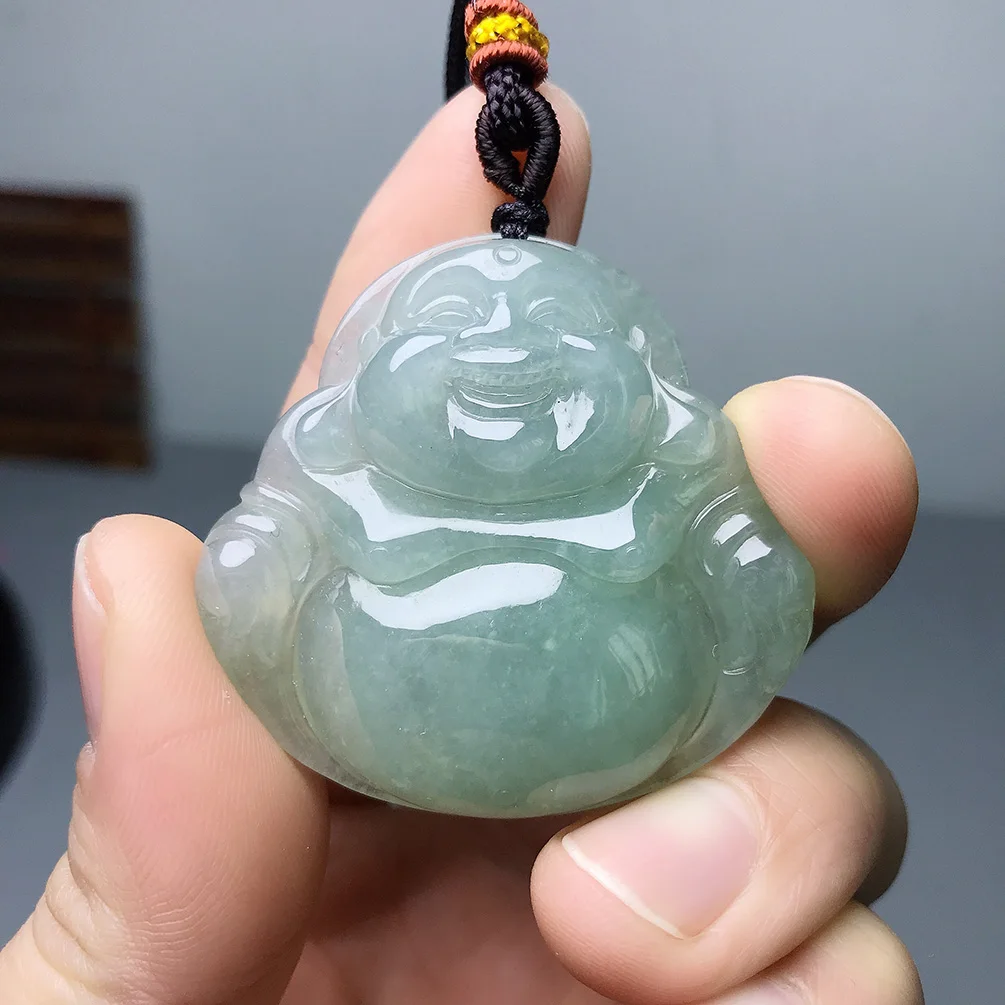 Certifed Jadeite Burma Jade Necklace Pendant Patron Saint Smile Buddha Amluet Healing Protection Jewlery