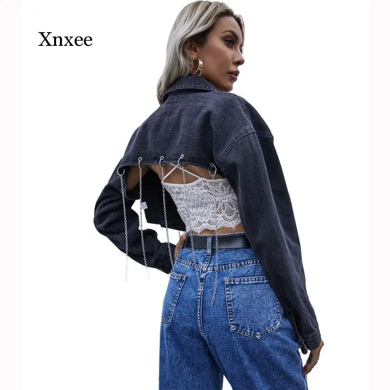 Turn-Down Collar Chain Buttons Backless Crop Top Denim Jacket Women Spring Long Sleeve Casual Streetwear Ladies Jeans Coats