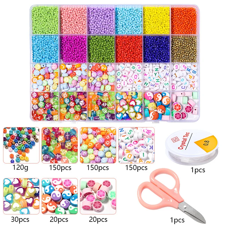 Round Acrylic Letter Glass Seed Beads Set For Bracelet Jewelry Making Bulk Needlework DIY Accessories Plastic Alphabet Bead Kits